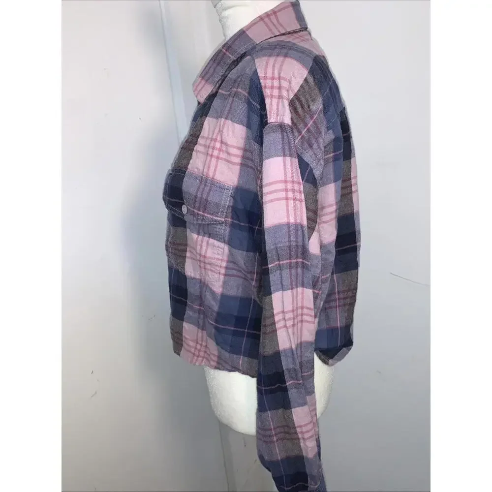 American Eagle Outfitters Cropped Flannel Shirt Sz Small Pink Blues - Picture 5 of 12